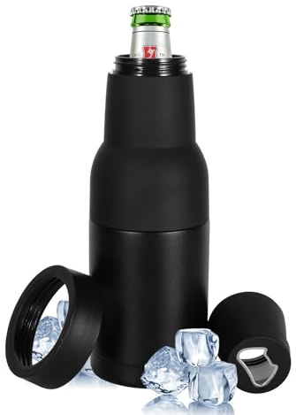 Hgkeke 12oz Universal Beer Bottle Holder Double Walled SS Beer Bottle Cooler 3 in 1 Can Koozie with Beer Opener Vacuum Insulated - fit Fishing,Camping Outdoor Activities and Nice Gift for Men(Black)