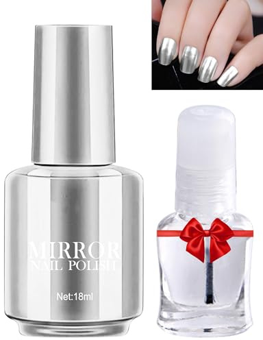 Mirror Gel Nagellack Satz,Silver Metallic Langanhaltend Schnell Trocknend Nail Gel Glue Polish mit Clear Base Top Coat Glänzen Effekt,Soak Off UV LED Lampe für Zuhause DIY Maniküre Art Nail Gellack-12