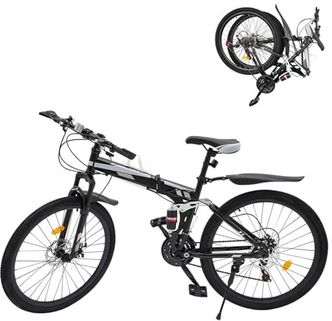 Ciounmb Faltbares Mountainbike in 26 Zoll Fahrrad, 21 Gang Schaltung, Doppelscheibenbremse, Vollfederung, Fully MTB für Jungen, Mädchen, Damen & Herren (Schwarz, Silber)