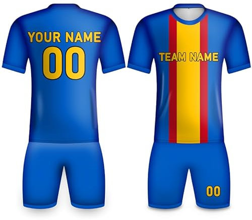 tiansiaben Kit da calcio per bambini, T-shirt con corona della Coppa Europa Spagna 2024, Regalo per bambini, Aggiungi nome squadra, distintivo, maglietta e pantaloncini, tuta per bambini, Blu