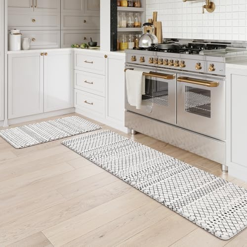 KIMODE Küchenmatte gegen Ermüdung, 50,8 x 149,9 cm + 50,8 x 81,3 cm, Küchenteppich-Set, rutschfest, gepolstert, Komfortmatten für Küche, Boden, Spüle, Waschküche, Büro, Schreibtisch, Schwarz und Weiß,