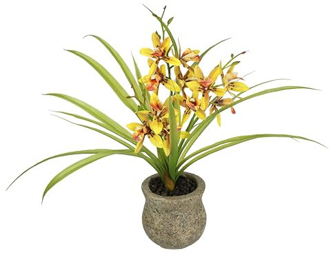 Kunstblume Schmetterling Orchidee mit Übertopf aus Keramik 39cm mit Blätter und Luftwurzeln Künstliche Blume Kunstorchidee Phalaenopsis Kunstpflanze Hochzeit Deko Seidenblume Real Touch Blüte, Orange