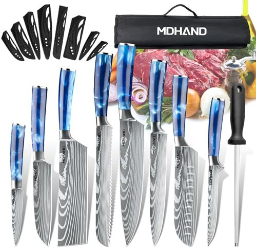 MDHAND Set di coltelli da cucina, set di 8 coltelli professionali con custodia, in acciaio inox ad alto carbonio, estremamente affilato, set di coltelli da cucina professionali