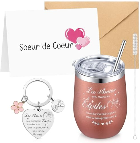 Yaryang Cadeau Meilleure Amie pour Noël Mug Porte-Clés Cartes de Vœux | Mug Isotherme, avec Couvercle et Paille, Porte-Clés, Cartes de Vœux et Enveloppes, pour Anniversaire et Fête d'Adieu