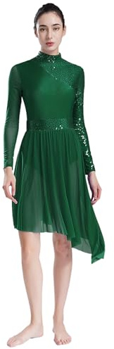 YOOJIA Damen Tanzkleid mit Pailletten, Langarm, Lyrik, Rumba, Tango, Ballsaal, Eiskunstlauf, Blau, S, M, L, XL, XXL