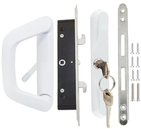 Schiebetürgriff mit Einsteckschloss und Schlüsseln, Schlüsselzylinder und Halter, 11,4 cm Lochabstand, Schiebetür-Ersatzgriff für Schiebetürstärken von 3,8 cm bis 5,1 cm, muss gebohrt werden (weiß)