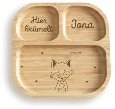 hellomini Personalisierter Babyteller mit Saugnapf – Individueller Kinderteller aus hochwertigem Bambusholz – Geschenk zur Geburt & Taufe – BPA-frei (Fuchs, Nur Teller)