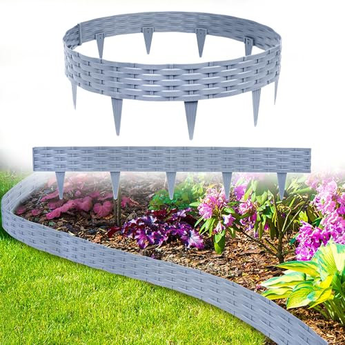 Yznahre 5m Rasenkante Beeteinfassung Gartenpalisade in Rattan-Optik, Beetumrandung Mähkante Randsteine aus Kunststoff mit 10 Elemente à 100 cm – Gartengrenze, Grau