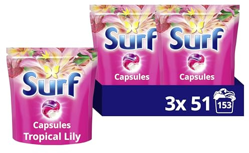 Surf 3 in 1 Tropical Lily Laundry Washing Detergent Capsules joy-infused fragrance with essential oils lasting up to 12 hours in wear for brilliantly clean results 153 washes (3x 51)
