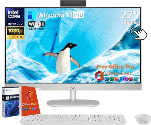 HP 27 All-in-One Desktop Computer, 27 FHD Touchscreen, Intel Ultra 7-155U(12-core), 64 GB DDR5, 4 TB SSD, Adjustable Angle, WiFi 6, Bluetooth 5.3, Windows 11 Pro, Microsoft Office Pro Lifetime