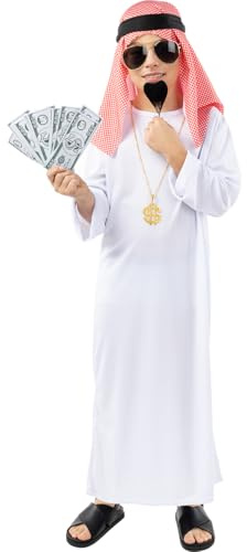 Funidelia | Costume darabe pour garçon Émir, Pétrole, Dollar - Déguisement pour enfant et accessoires pour Halloween, carnaval et fêtes. - Taille 7-9 ans - Blanc