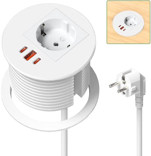 Multiprise Encastrable avec 2 USB C PD 35W, Multiprise Electrique Encastrable USB A QC 18W, Bloc Prise Encastrable pour Plan de Travail, Cuisine, Bureau, Meubles, 1,8M Câble, Noir