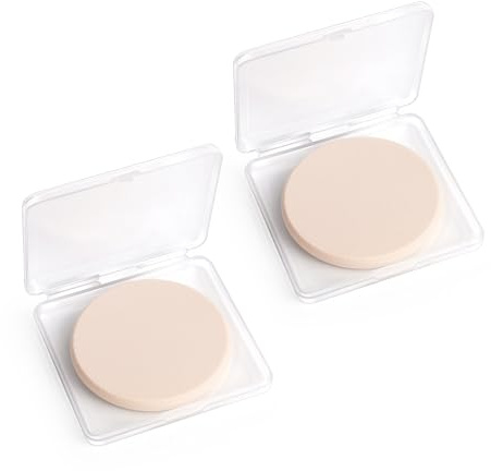 2 Pcs Makeup Sponges with Travel Case, Facial Primer Compact Powder Puff, Cosmetics Blush Applicators Sponges for All Skin Types Wet and Dry Dual Use (Round)