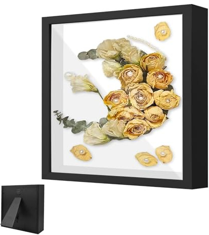 Cornice Portafoto 3D, Cornice Floreale da Esposizione in Legno 30 x 30 cm, con Lastra Acrilica Trasparente, Quadrata Frames per Ricordi Profonda di 3 cm, per Arazzo o Desktop, Medaglie(Nero)