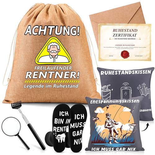 ZJTAPE Rentner Geschenk Männer - Witzige Geschenkbeutel Set, Renteneintritt Geschenk mit Grußkarte, Lustige Socken, Zierkissenbezüge, Lustige Ruhestand Geschenke für Mann Abschiedsgeschenk Kollegen | Für Rentner