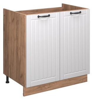 Vicco Spülenunterschrank Fame-Line, Weiß Landhaus, 80 cm | MDF-Front · Ohne Arbeitsplatte · Höhenverstellbare Füße · Metallgriffe · Soft-Close