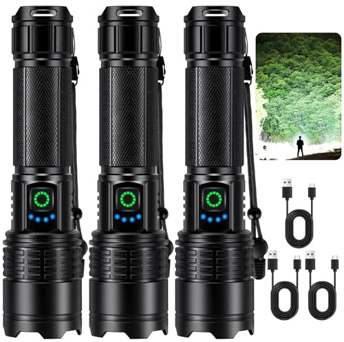 Kmivo Rechargeable Led Flashlight High Lumens - 99,000lm Bright Powerful Flash Light with 5 Modes, Waterproof Handheld Linterna for Home, Camping(3 Packs)