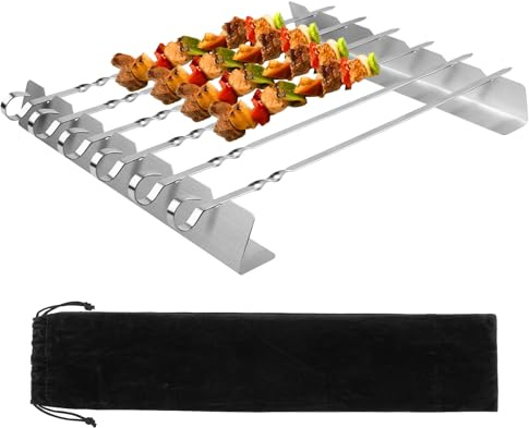 Wzzy Gurden BBQ-grill- och kebabspett i rostfritt stål 8-pack – 6 grillspett 42 cm långa & stativ | Grillspett för kebabgrill | kebab köttspett
