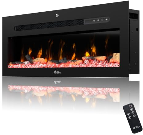 Tronitechnik® Wandkamin elektrisch, Panorama Elektrokamin mit LED Flammeneffekt dimmbar inkl. Kristalle, Elektroheizung 900/1800W, App-Steuerung & Fernbedienung, Timer, schwarz