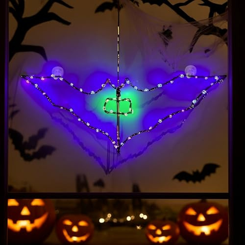 Cobus CozyHome Lichterkette Fledermaus - 48 LED Lila & Grün & Timer | Batteriebetrieben I Halloween Lichterkette Leuchtdeko Halloween Fensterdeko Leuchtend Beleuchtung LED Deko Fenster