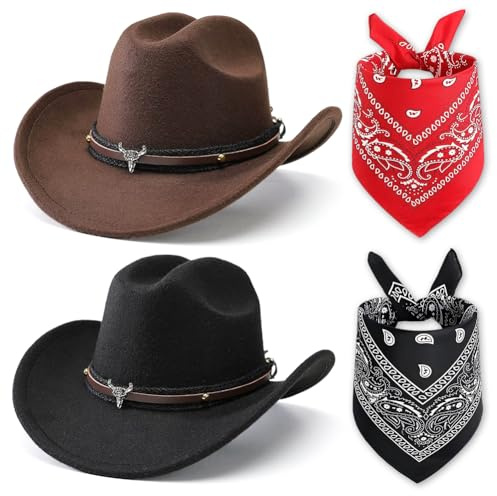 FCXVXCL Cappello Da Cowboy Per Adulti 4 Pezzi Sciarpa e Cappello In Stile Occidentale Con A Testa Di Toro Accessori Abbigliamento Cappelli Uomo E Donna Concerti In Campagna