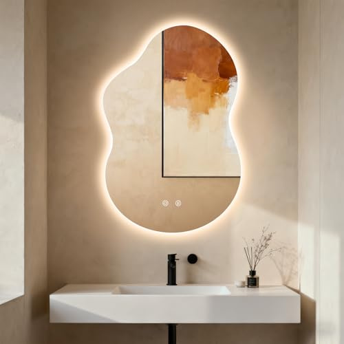 Clevich Specchio da bagno con illuminazione asimmetrica 90 × 60 cm, specchio LED con 3 colori di luce dimmerabile, vetro temperato, interruttore touch, funzione memoria, anti-appannamento, moderno