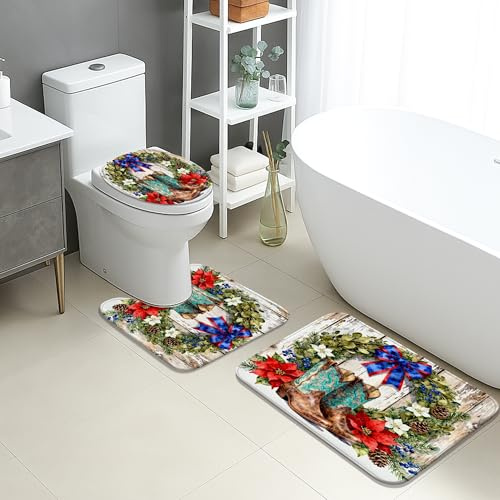 Weihnachts-Badematten-Set, 3-teilig, rustikale Urlaubsdekoration, saugfähig, rutschfest, WC-Vorleger, U-förmig, waschbar, festliches Blumenmuster, schnell trocknend, Flanell-Badezimmerteppich-Set