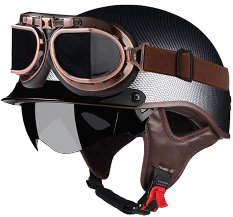 Caschi Jet Vintage Omologato DOTECE Mezzo Casco Retrò Moto Con Occhiali Caschi Cromwell Elmetto Scodella Aperto Casco De Motociclista Uomini Donne Fibbia A Sgancio Rapido B,XXL:63-64CM