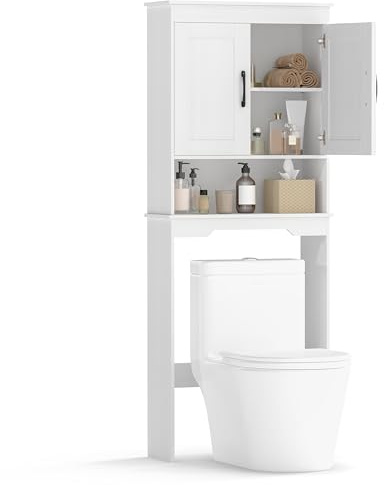 GOPLUS Meuble WC au-Dessus des Toilettes, Meuble Salle de Bain Autoportant avec Doubles Portes, Étagères Réglables, Armoire Salle de Bain Gain de Place, 168x63x24cm