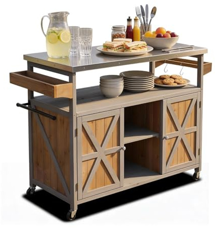Coemo James Desserte de cuisine à roulettes en bois avec dessus en acier inoxydable, îlot de cuisine avec portes, porte-serviettes, miracle d'espace, chariot de cuisine (L x l x H) : env. 138 x 47 x