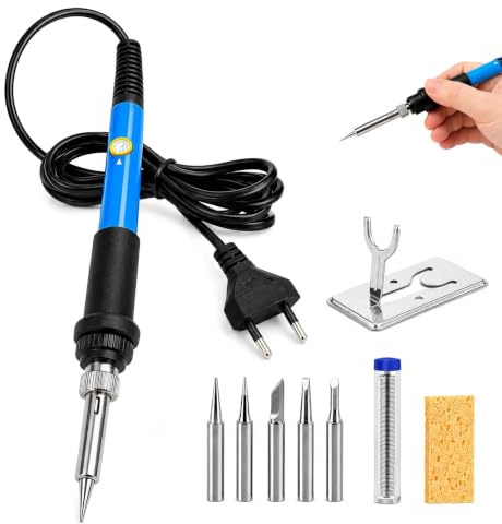 Soldador de Estaño 60W, 9 PCS Kit Soldadura Estaño con 5 Puntas | Estañador Eléctrico Regulable 200-450°C, Soporte, Bomba Desoldadora, Alambre de Soldadura para Uso Diverso y Reparar