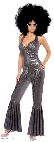 Smiffys Disco Diva Costume, Silver Flared Jumpsuit, 1970's Disco Fancy Dress, Adult Dress Up Costumes