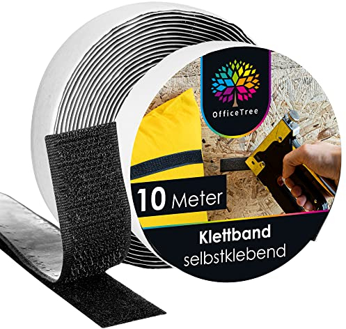 OfficeTree 10m x 20mm Klettband Selbstklebend Extra Stark - Schwarz - Doppelseitiges Klettband Extra Stark - Selbstklebende Klettbänder - Klettverschluss Selbstklebend für Fenster & Teppich