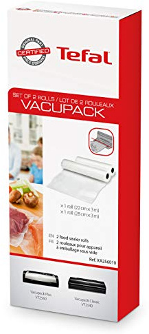 Tefal Pack 2 Rollos Plástico para Envasadora al Vacío, 2 Tamaños | Pack 2 Rollos para envasadora al vacío, Conservación óptima de alimentos con medidas 22 y 28 cm x 3 m, XA2560