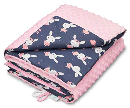 ELIMELI Minky Babydecke Kuscheldecke Krabbeldecke - super weichem Minky Dots Polar Fleece und Baumwolle mit Füllung | Baby Decke 75x100 hoch Qualität (Pink - Navy Blue Rabbits)