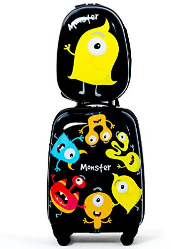 COSTWAY 2tlg Kinderkoffer + Rucksack, Kindertrolley aus Kunststoff, Kindergepäck, Kinder Kofferset Handgepäck Reisegepäck Hartschalenkoffer für Jungen und Mädchen (Monster, 12+16)
