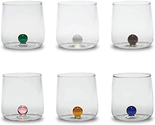 Zafferano Bilia - Vaso Tumbler de Vidrio Transparente Hecho a Mano, Decorado con una Bola de Vidrio de Color en el Interior, cl 44 h 90mm d 88mm, Juego de 6 Piezas - Colores Variados