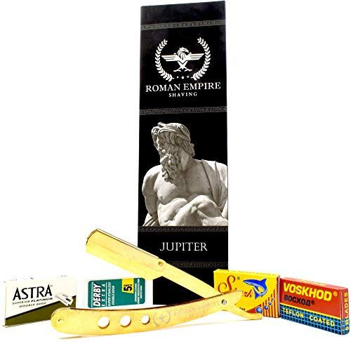 Rasoio a Mano Libera Jupiter di Roman Empire Shaving | Rasoio per Uomo Professionale da Barbiere per Barba, Baffi e Contorni con Set di 20 Lamette (Astra-Derby-Shark-Voskhod)