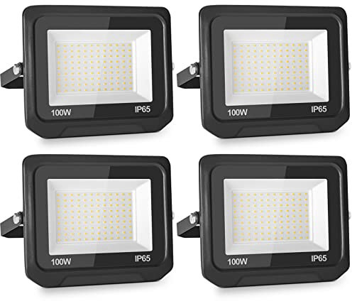 Natur 4 pieza 10000 Lúmenes Focos LED 100W Exterior con LED Foco Proyector IP65 Luz fría 6500K Proyector LED Exterior LED Floodlight Exterior Iluminación Decoración para Jardín, Parque, Garaje