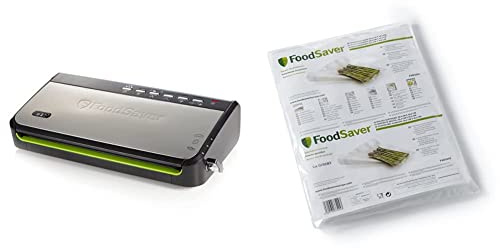 FoodSaver FFS005X-01 Envasadora al vacío, 140 W, Acero Inoxidable, Plata y negro + 3201 Bolsa envasado al vacio, Color Blanco, grande