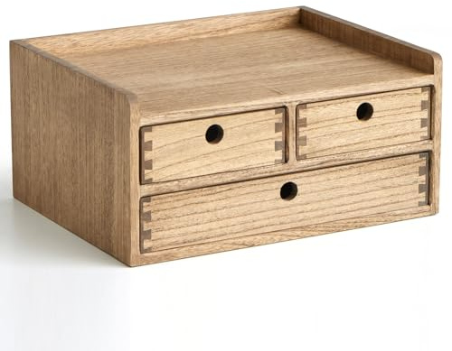 KIRIGEN Wooden Desk Organiser with 3 Drawers and Shelf, Brown | Wooden unit; 3 pull-out drawers and open shelf; for stationery, letters, small papers, craft tools and make-up