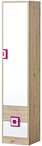 Marmex Nico N5 Eintüriger Kleiderschrank - Hochwertige Möbelbeschläge - Kleiner Kleiderschrank - Kleiderschrank für Jugend, Kinderzimmer - Eiche Hell + Weiß + Rosa - 40x190x40cm