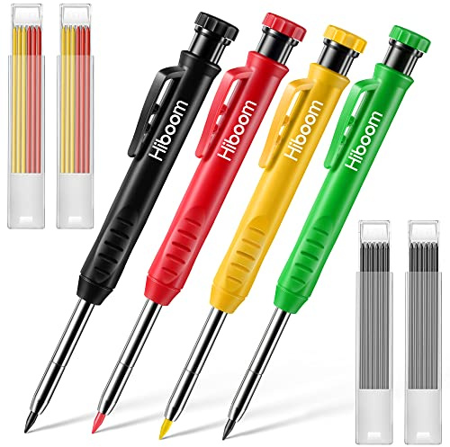 Hiboom Matite Carpentiere Solide Affilatrice Incorporata, Set di 4 Matite Meccaniche Colorate con 24 Ricariche, Strumenti per Fori Profondi per Lavorazione del Legno Nero Giallo Rosso Verde