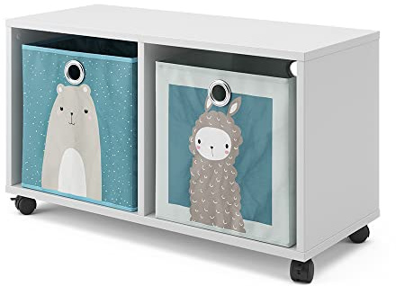 Vicco Kinderregal, Weiß, 72 x 42.4 cm | mit 2 Faltboxen, auf Rollen fahrbar mit zwei offenen Ablageflächen