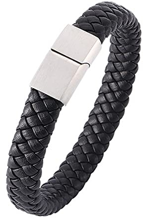 Skcess Magnetarmband Herren Silber，Herren Armbänder Leder Geflochtenes Lederarmband Im Einfachen Stil Rostfreier Stahl Männer Armband 16.5cm