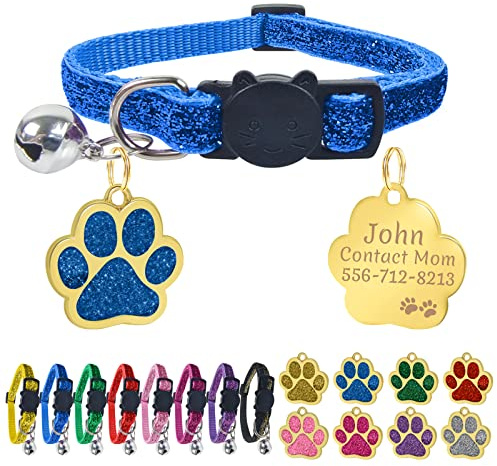 Uiopa Katzenhalsband mit Prickelnde Katzenmarken Personalisiert, Katzenhalsband mit Namen und Telefonnummer, Verstellbar Halsband Katze mit Sicherheitsverschluss für Katzen und Welpen (Blau)