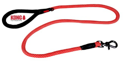 KONG Laisse pour chien de 1,5 m de long pour chiens de taille moyenne jusqu'à 30 kg, taille M, laisse de course avec dragonne renforcée, laisse en corde de qualité supérieure en rouge, laisse robuste
