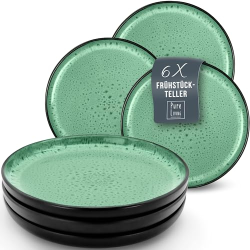Steingut Frühstücksteller 6 Personen Ibiza TESTSIEGER, Traumhaftes Mediterranes Steingut Dessertteller Set, Kleine Teller, Salatteller - Pure Living in Salbeigrün