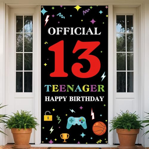 Official Teenager 13 Birthday Door Backdrop，Happy 13th Birthday Decoration for Boys Girls, Basketball Video Game Yard Sign Banner Decor Supplies for 13 Year Old Gamer Birthday Party, Fabric, Vicycaty