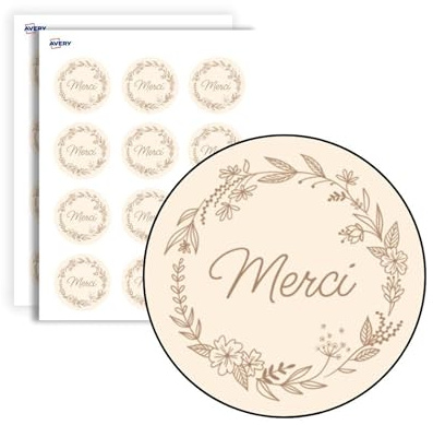 AVERY - 140 Etiquettes Merci Rondes Autocollantes - Ø 35 mm - Papier Recyclé - Couronne de Fleurs - 4 Planches A4 de Stickers Remerciements pour Mariage, Artisanat et Fêtes